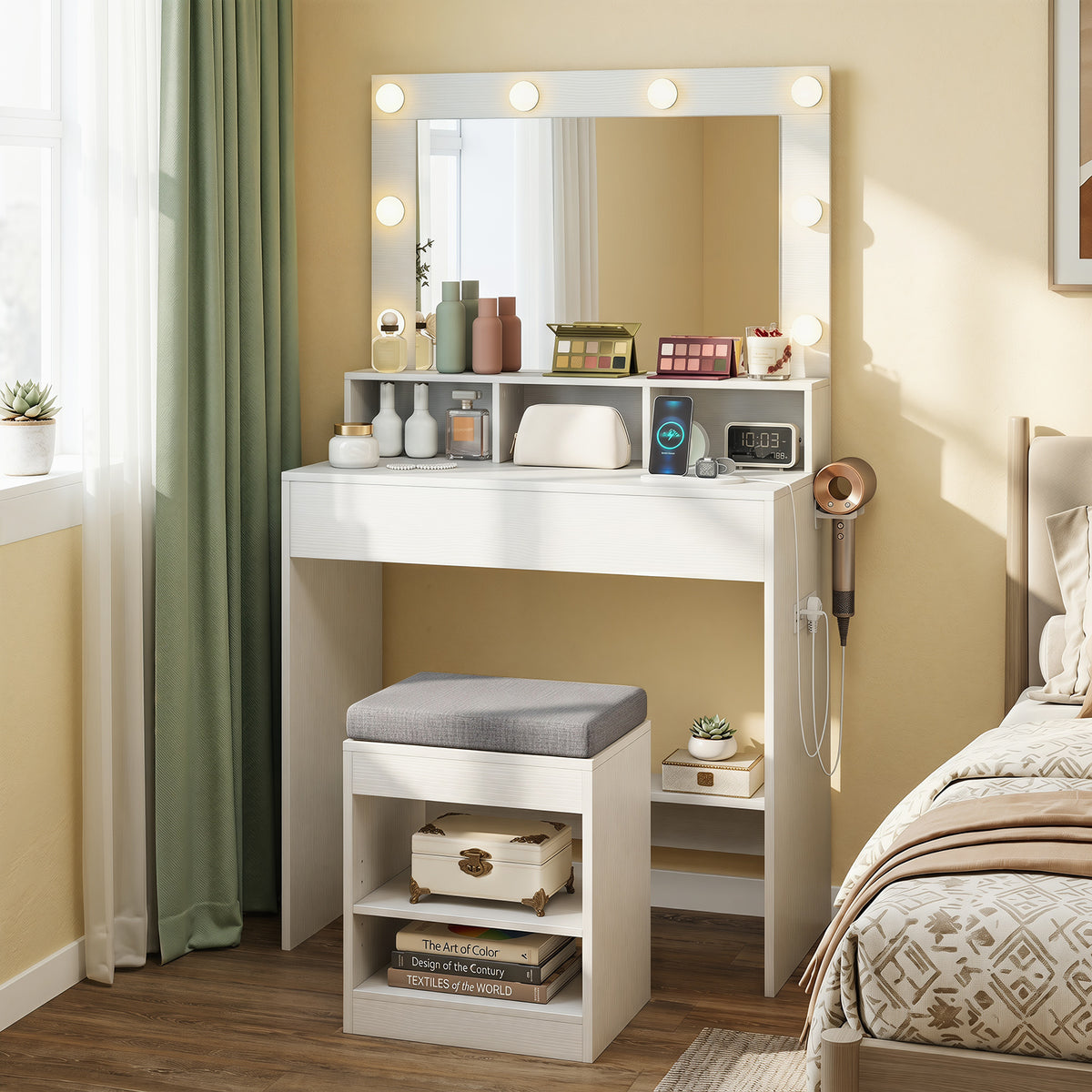 Makeup Vanity Desk Set with Mirror and Lights and Stool 3-Color LED-White