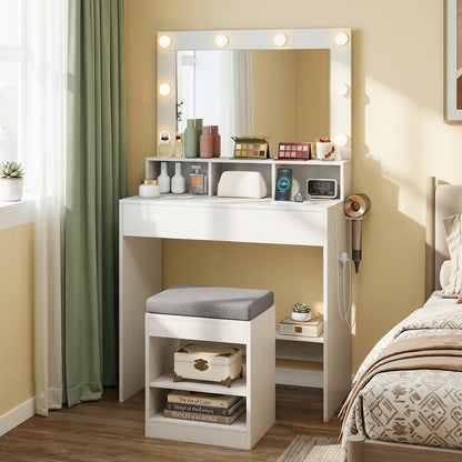 Makeup Vanity Desk Set with Mirror and Lights and Stool 3-Color LED-White