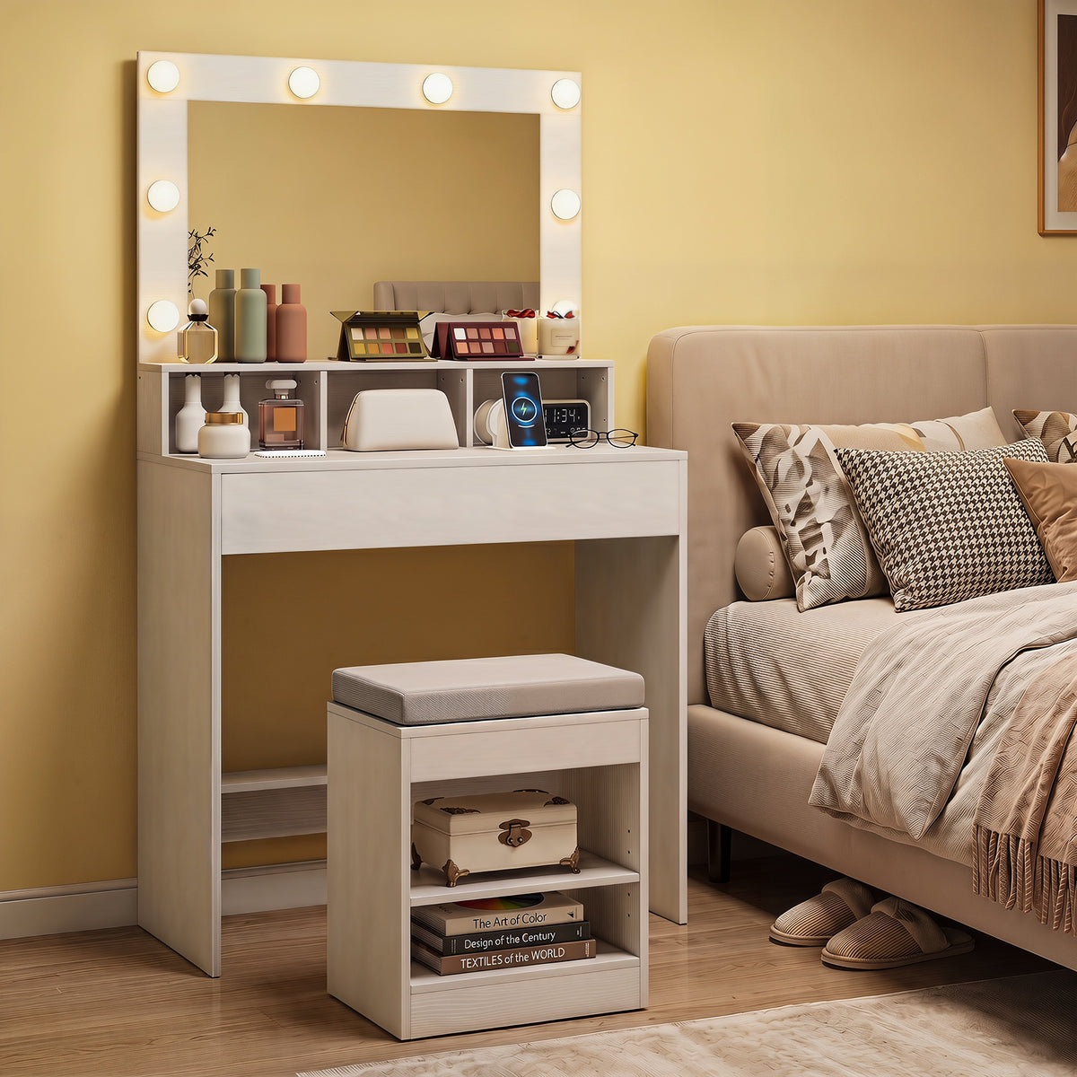 Makeup Vanity Desk Set with Mirror and Lights and Stool 3-Color LED-White