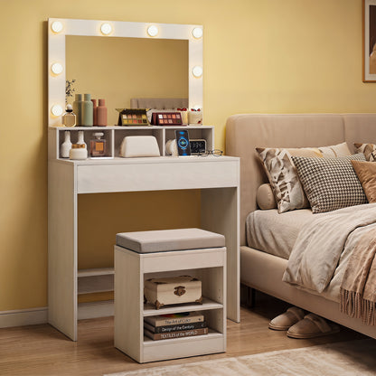 Makeup Vanity Desk Set with Mirror and Lights and Stool 3-Color LED-White