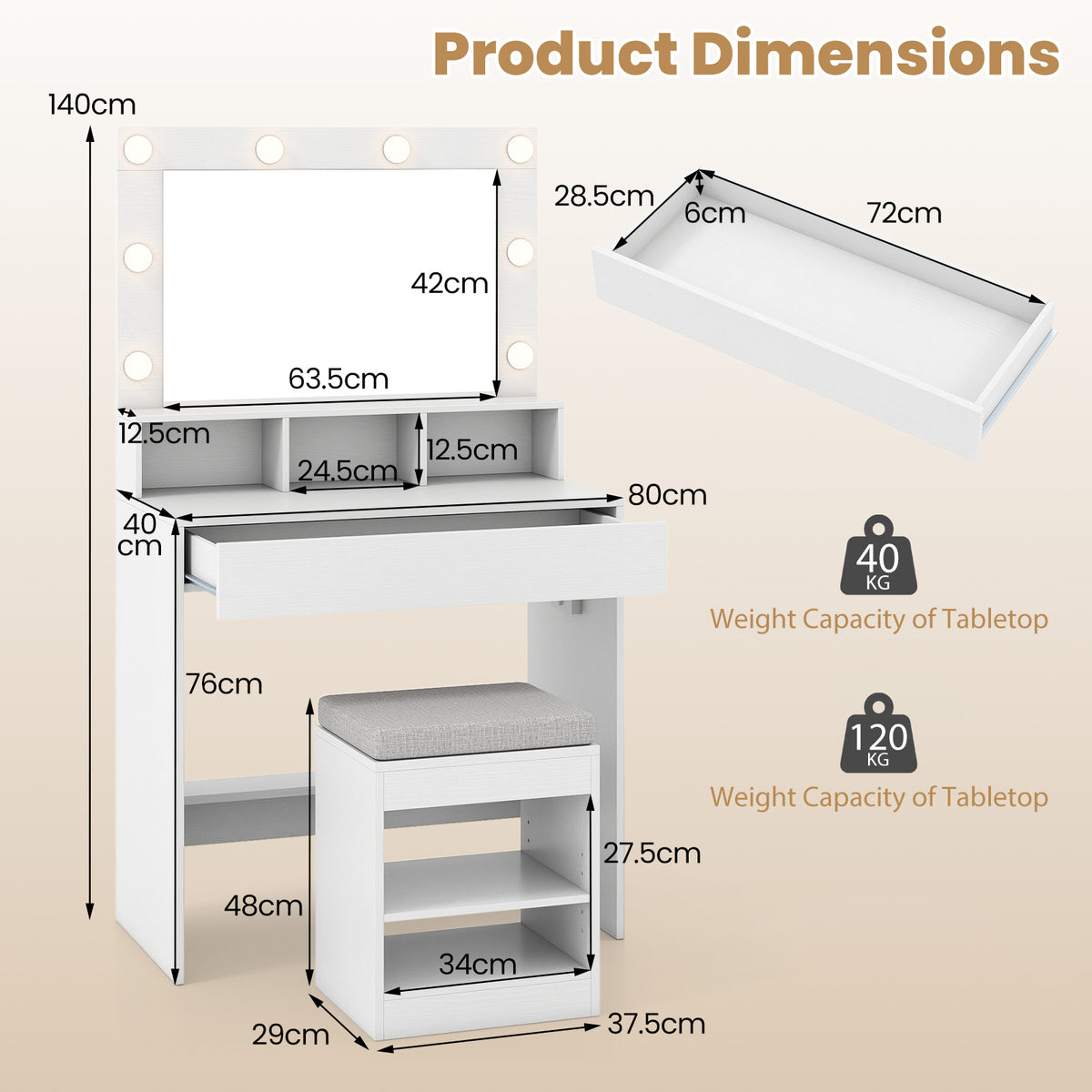 Makeup Vanity Desk Set with Mirror and Lights and Stool 3-Color LED-White