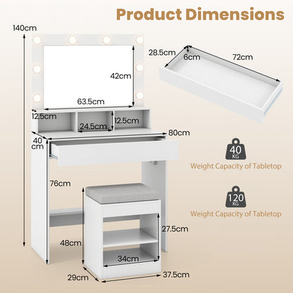 Makeup Vanity Desk Set with Mirror and Lights and Stool 3-Color LED-White