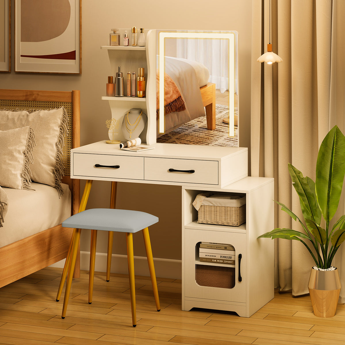 Makeup Dressing Table with Reversible Cabinet and 3 Light Colors-White
