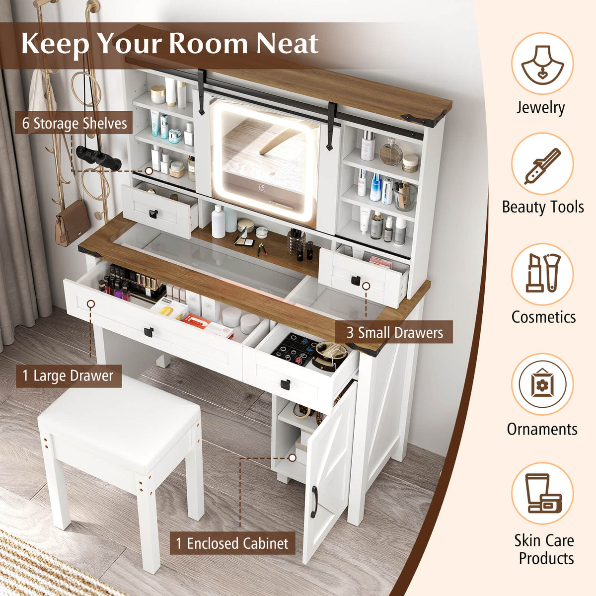 Makeup Vanity Desk and Stool Set with Sliding Mirror and Cabinet-White