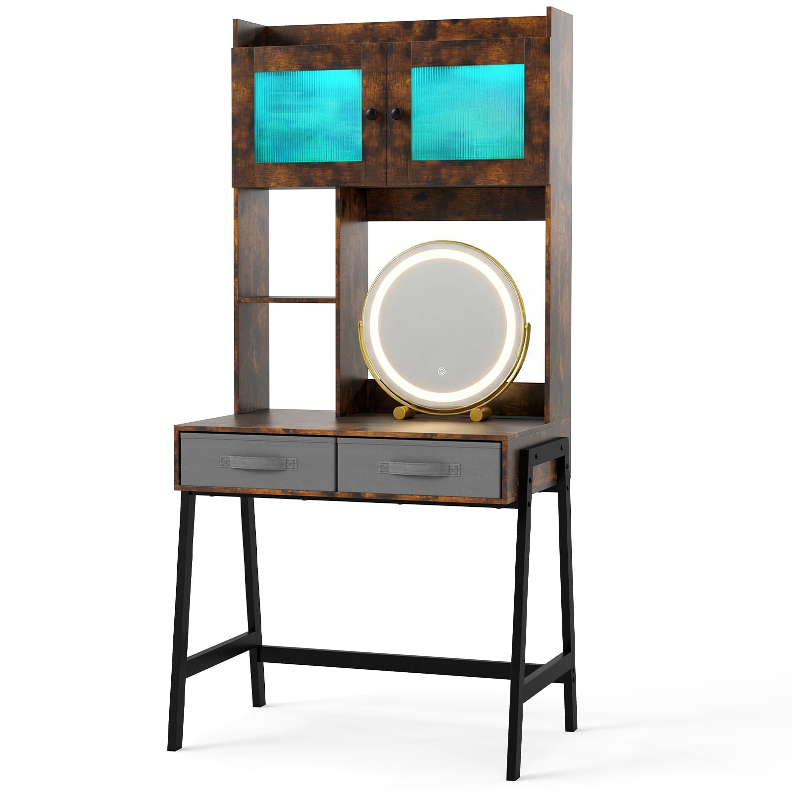 Makeup Vanity Desk with Rotating Mirror and Adjustable Light-Rustic Brown
