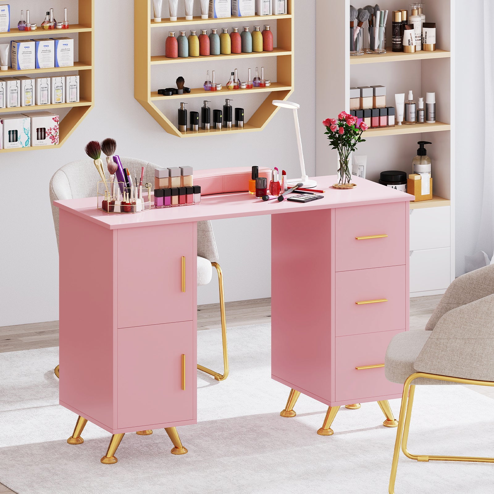 Manicure Table with 8 Metal Legs and Wrist Pad-Pink