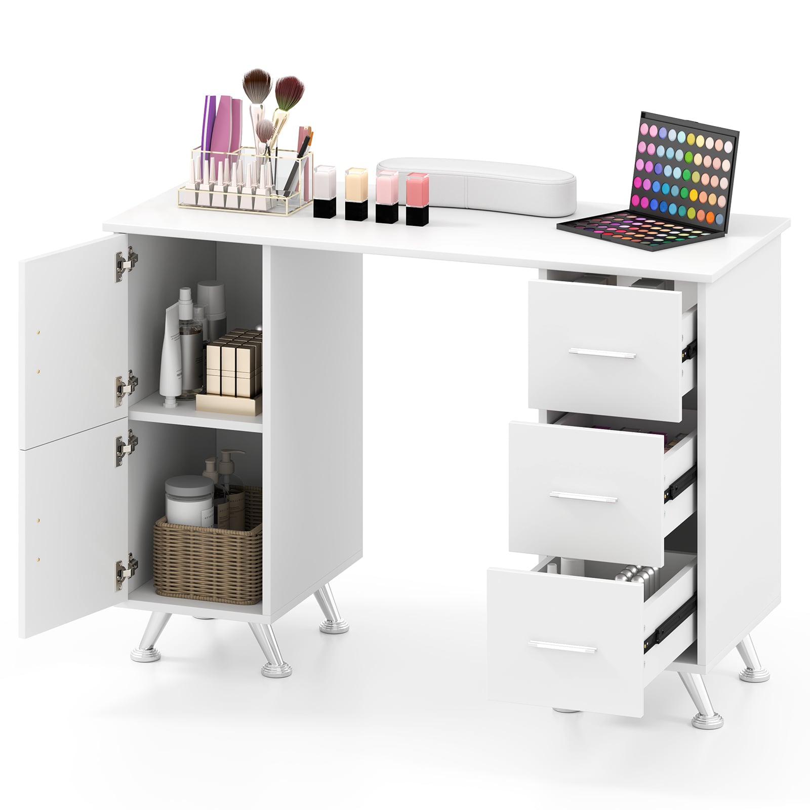 Manicure Table with 8 Metal Legs and Wrist Pad-White