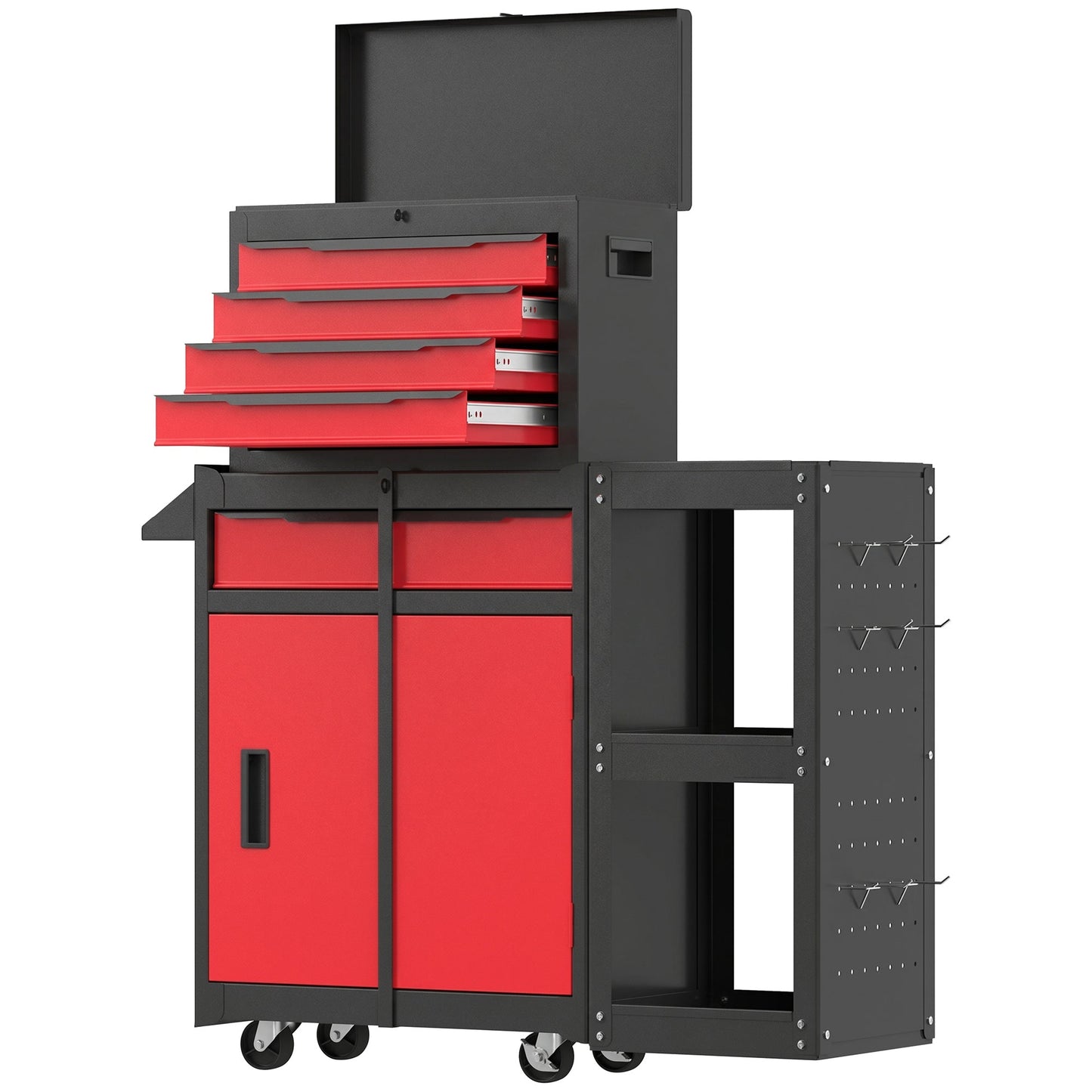 HOMCOM Tool Chest, Mobile Modular Tool Box with 5 Drawers, Side Rack, Pegboard, Lock, Tool Cabinet for Garage Workshop, Red