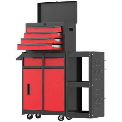 HOMCOM Tool Chest, Mobile Modular Tool Box with 5 Drawers, Side Rack, Pegboard, Lock, Tool Cabinet for Garage Workshop, Red