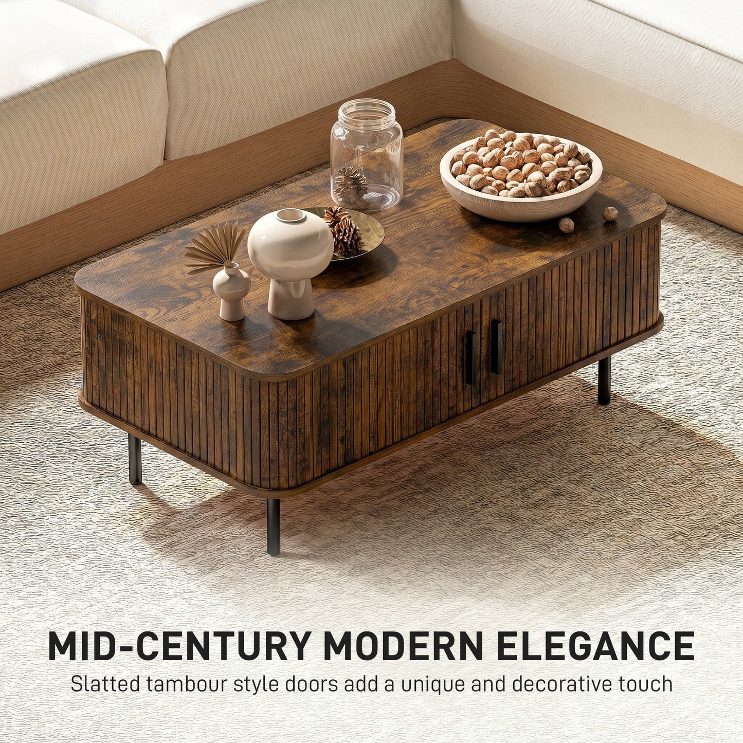 HOMCOM Coffee Table with Storage, Living Room Table with Slatted Tambour Sliding Doors and Foot Pads, Rectangular Coffee Table with Elevated Base for Living Room, Rustic Brown