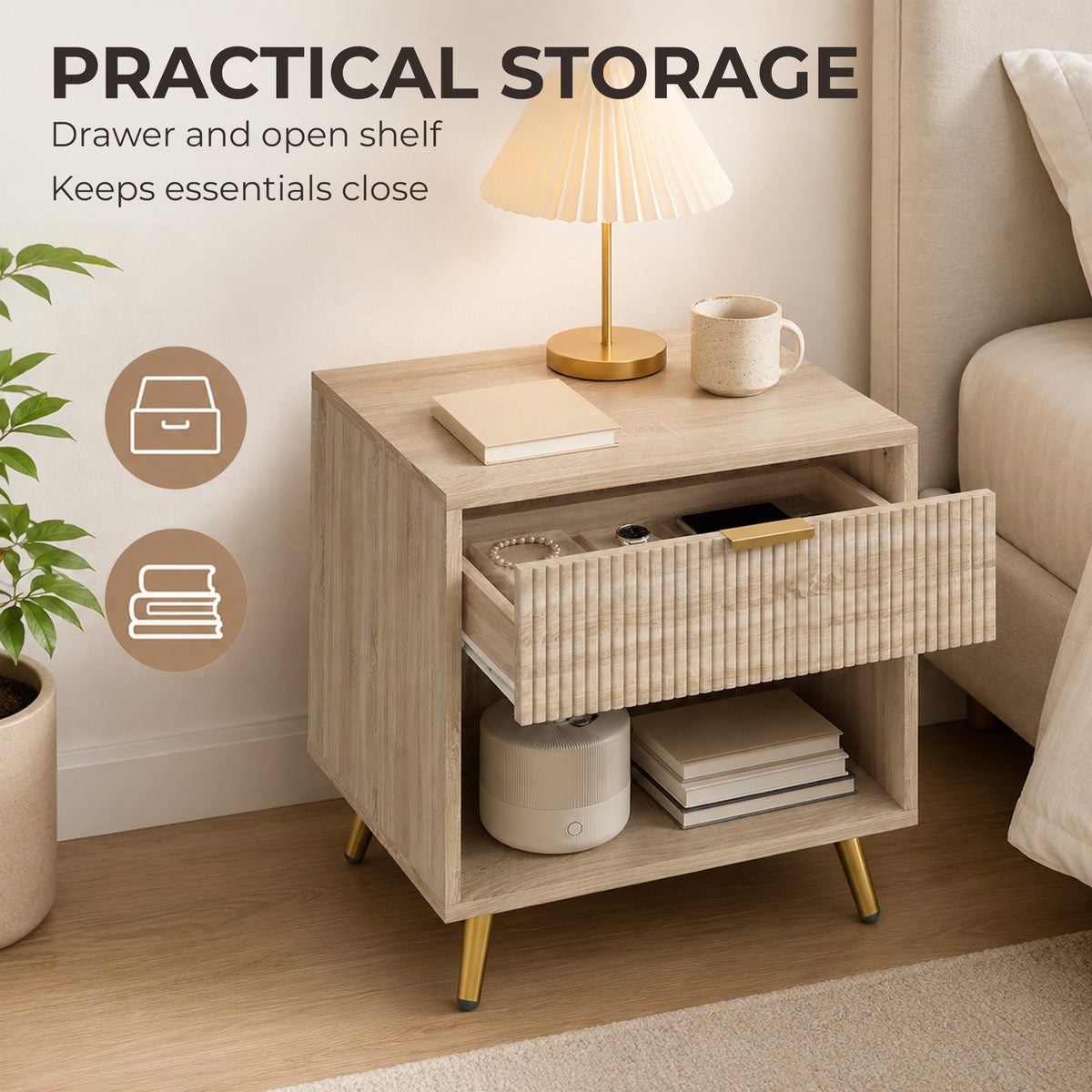 HOMCOM Bedside Table with Drawer and Open Compartment in a Natural Wood Finish