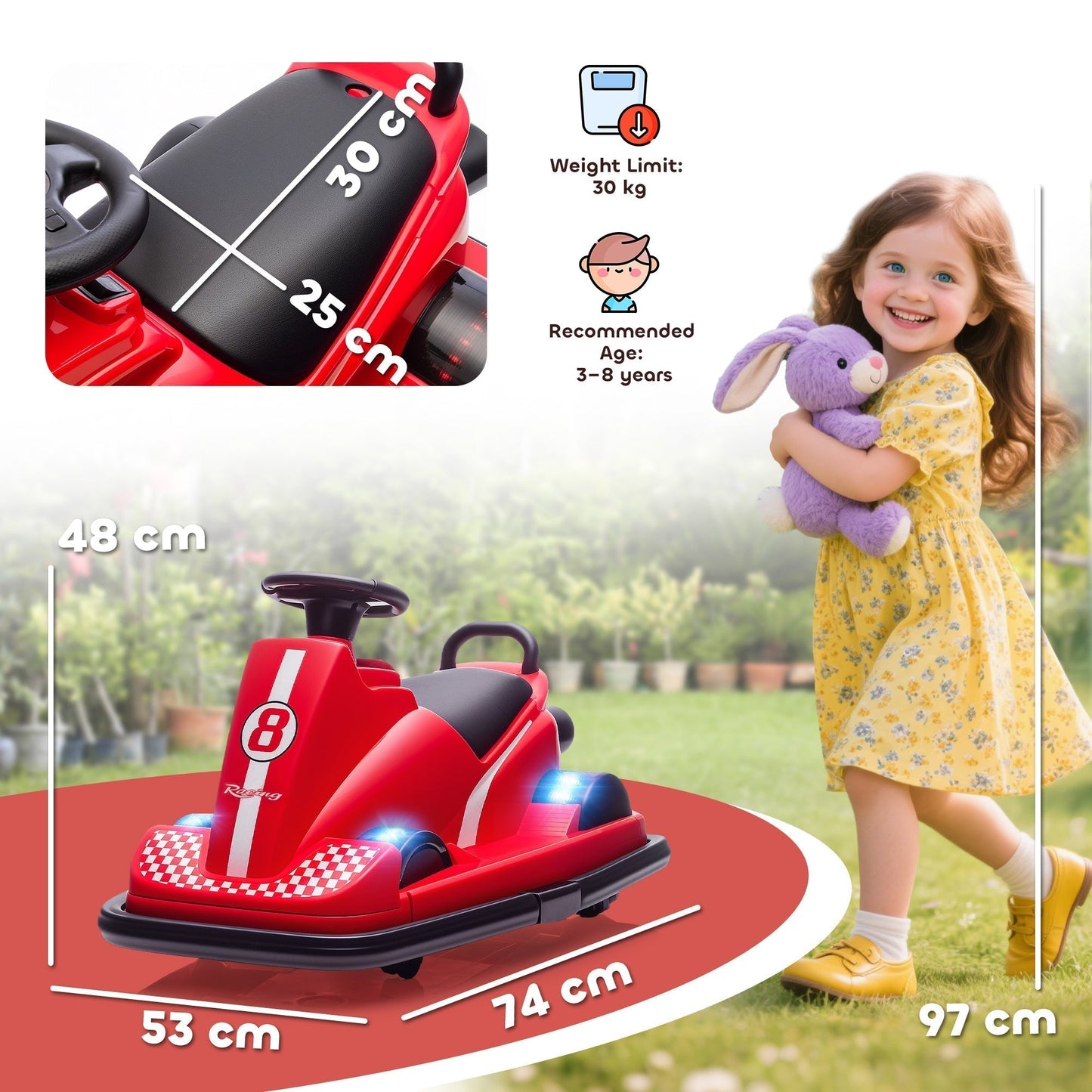 AIYAPLAY Kids Bumper Car, 360 degrees Rotation Spin Electric Walzer Car with LED Lights, Music for Ages 3-8 Years Old, Red