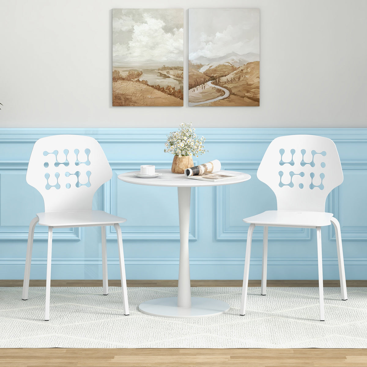 Metal Dining Chair Set of 8 with Hollowed Backrest and Metal Legs-White