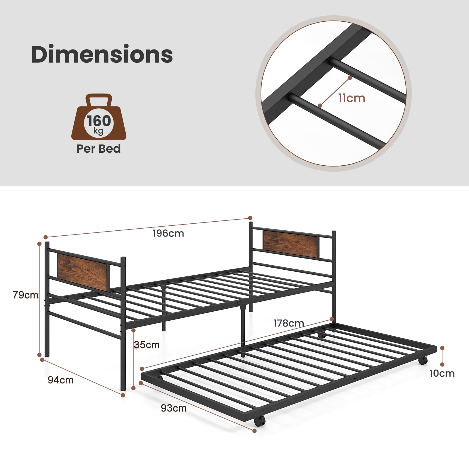 Metal Daybed with Pull-out Trundle Sofa Guest Bed with Wheels-Single Size
