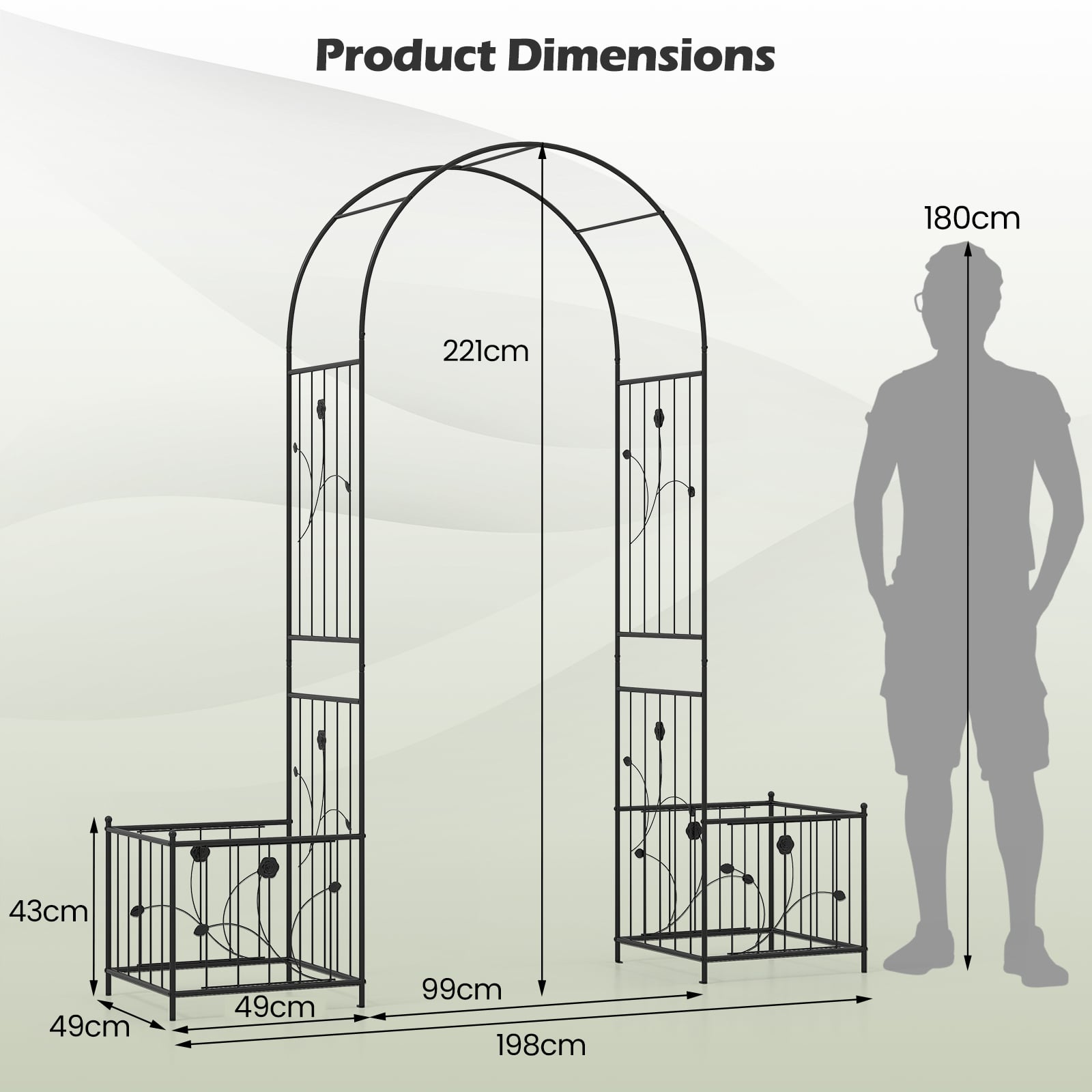 Metal Garden Arbor with Planter Boxes and Ground Stakes for Climbing Plants