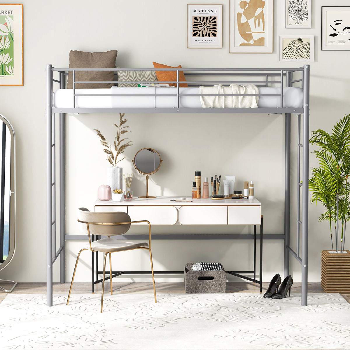 Metal Space-saving Loft Bed Frame with Full-length Safety Guardrail-Silver