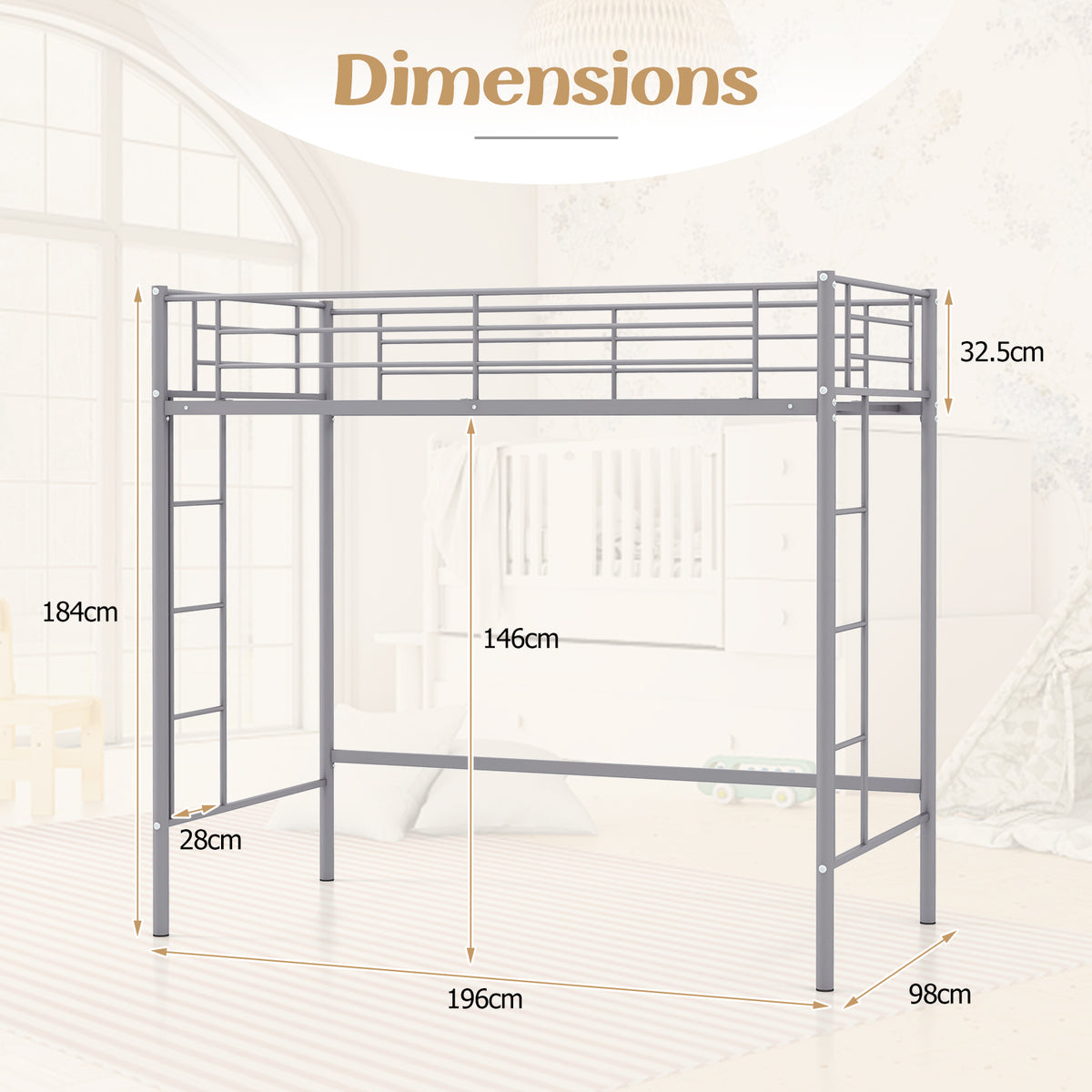 Metal Space-saving Loft Bed Frame with Full-length Safety Guardrail-Silver
