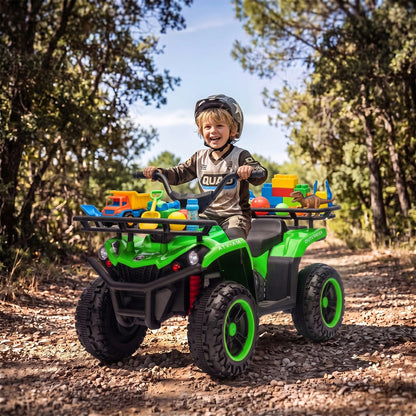 AIYAPLAY 12V Kids Electric Quad Bike, Ride on ATV with Dual Motors, Soft Start, Storage, Music, Lights for 3-8 Years, Green