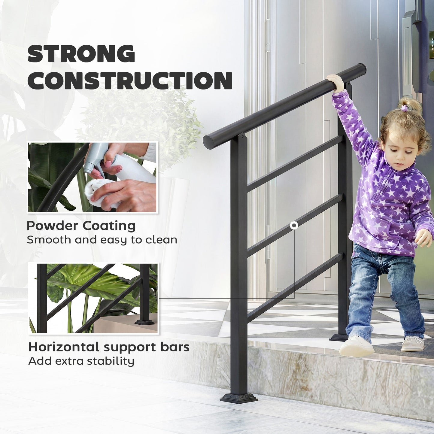 Outsunny Outdoor Handrail for Stairs, 0°-45° Adjustable Wrought Iron Exterior Handrail, Fit 1 to 3 Steps Stair Railing
