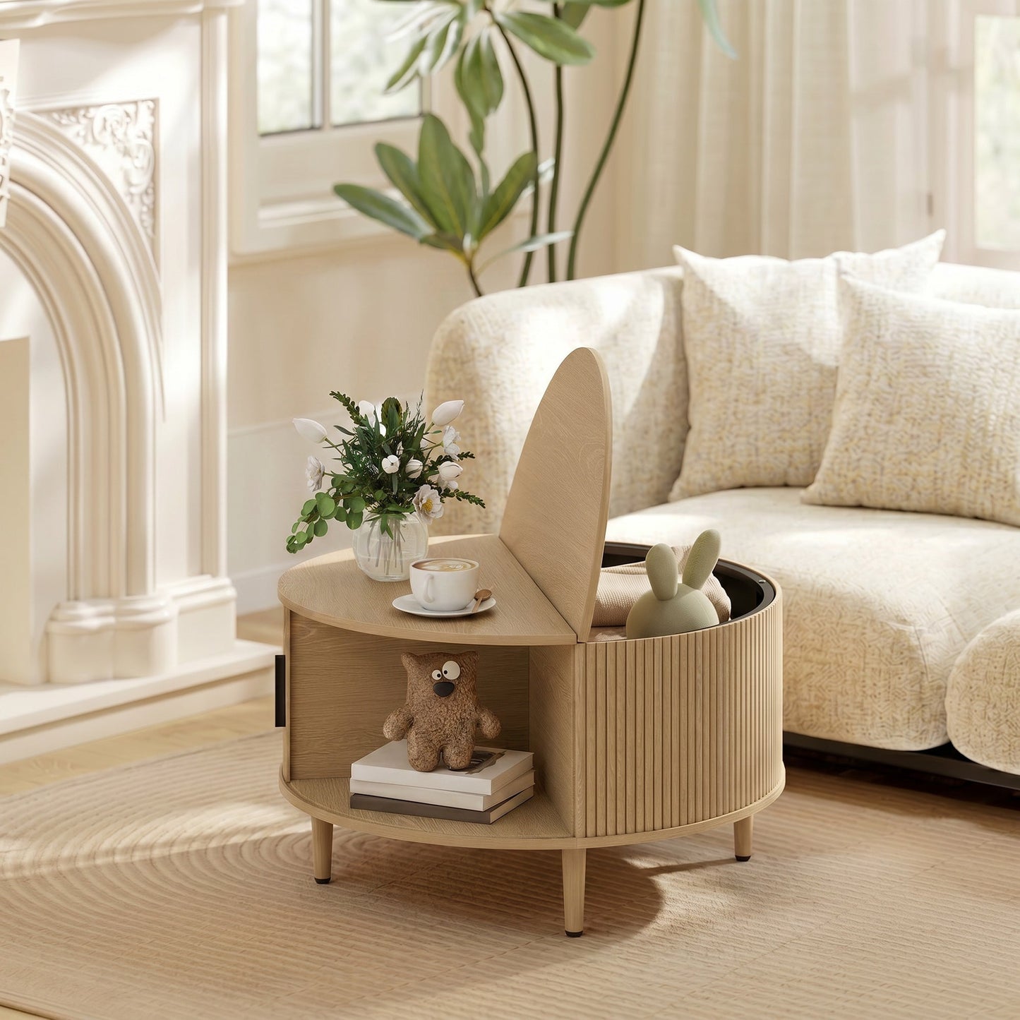HOMCOM Coffee Table with Lift Top and Hidden Storage, Round Centre Table with Fluted Sliding Door, 80 cm, Natural Wood
