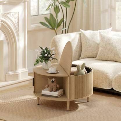 HOMCOM Coffee Table with Lift Top and Hidden Storage, Round Centre Table with Fluted Sliding Door, 80 cm, Natural Wood