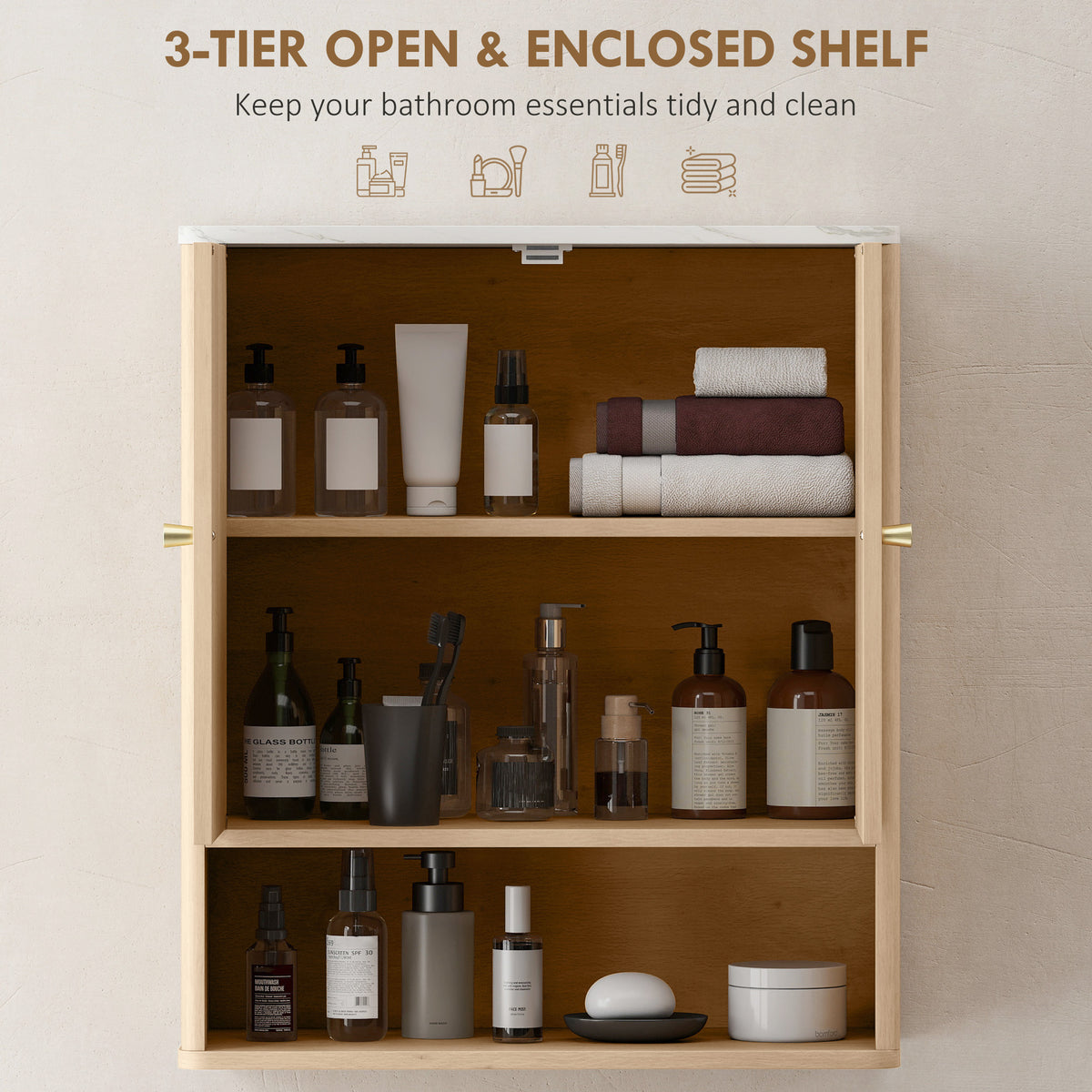 HOMCOM Bathroom Wall Cabinet with Adjustable Shelf in Oak