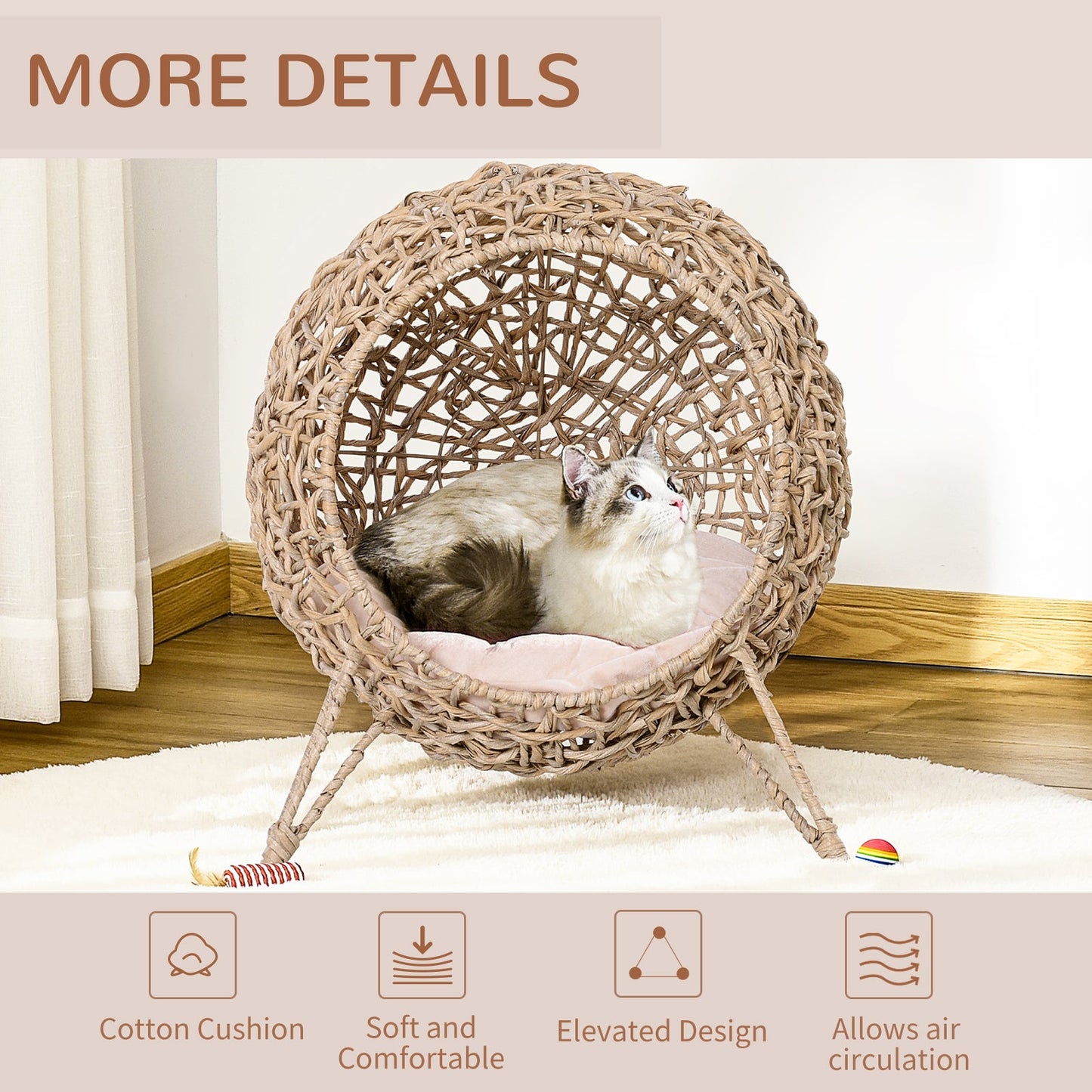 PawHut Rattan Elevated Cat Bed House Kitten Basket Ball-Shaped Pet Furniture w/ Removable Cushion - Natural