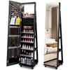 Mirror Standing Jewelry Organizer with Lock 3 Color LED Lights Built-in Vanity Mirror and Universal Wheels-Black