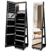 Mirror Standing Jewelry Organizer with Lock 3 Color LED Lights Built-in Vanity Mirror and Universal Wheels-Black