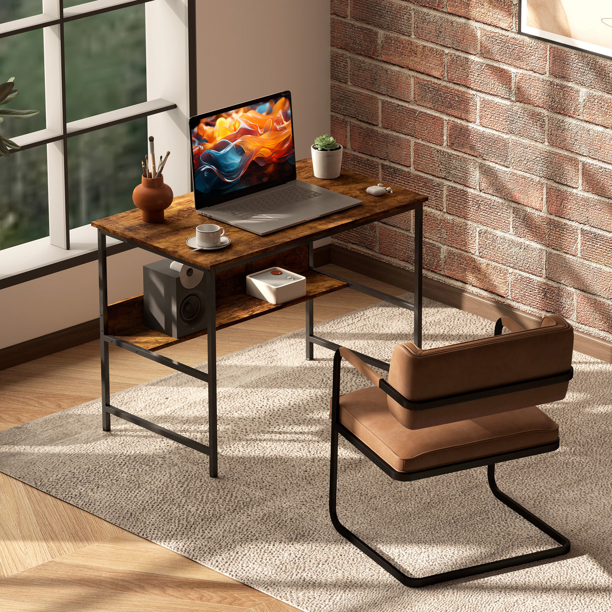 HOMCOM 2-Tier Computer Desk in Rustic Brown