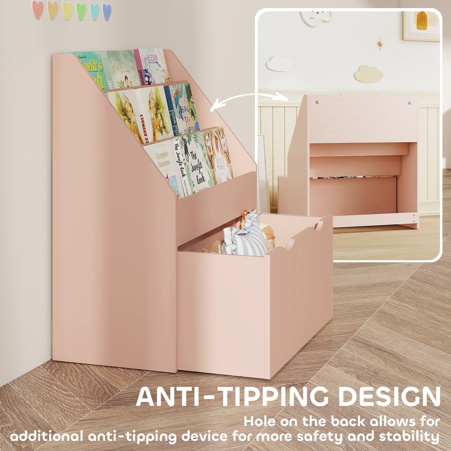 AIYAPLAY Bookcase for Kids with Shelves, Drawer, Bookcase for Bedroom, Playroom, Pink