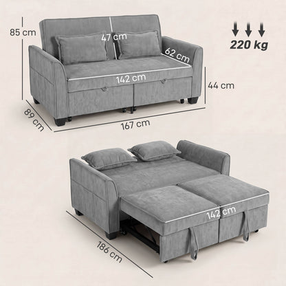 HOMCOM 2 Seater Sofa Bed, 4-in-1 L-Shaped Convertible Pull-Out Sleeper Sofa with Adjustable Backrest and Side Pockets, Grey