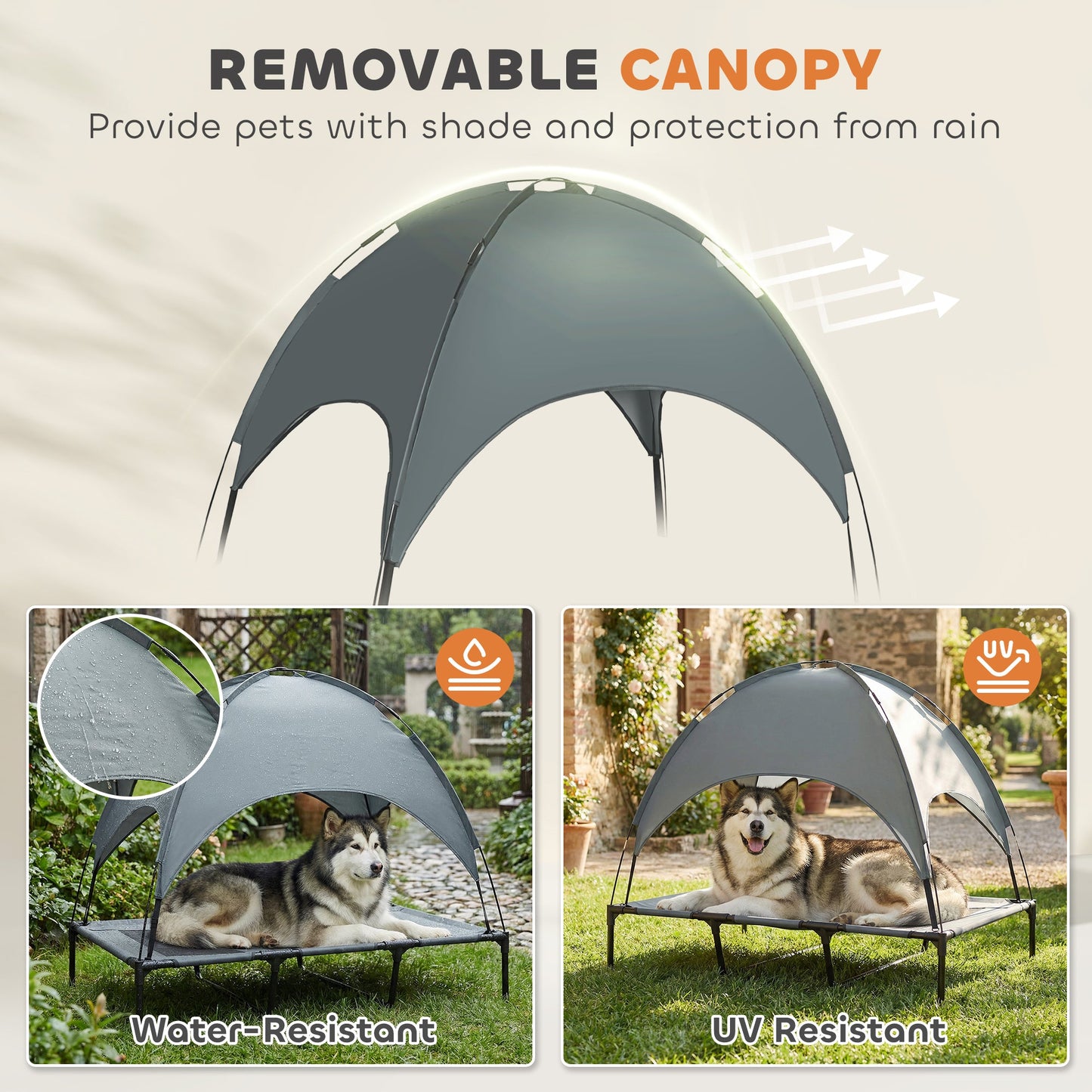 PawHut Outdoor Dog Bed with Removable Canopy, Portable Raised Dog Bed for Camping, Garden & Beach, Water-Resistant UV-Protection Mesh Pet Cot Sun Lounger, for XL Pets, 122 x 92 x 108 cm, Grey