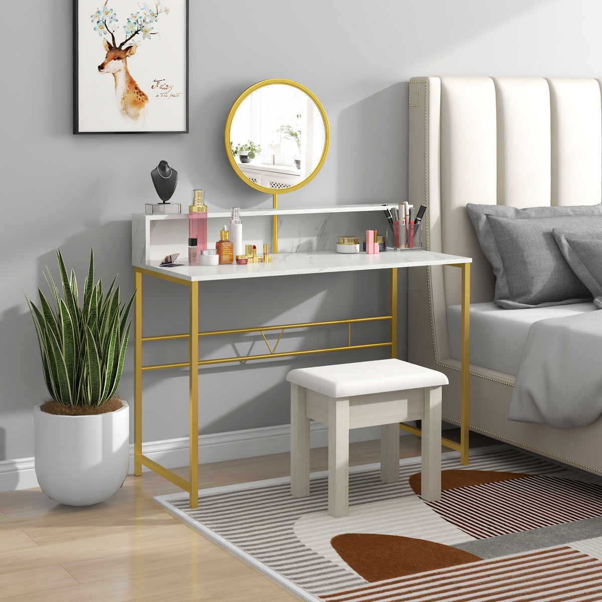 HOMCOM Modern Dressing Table with Round Mirror in White and Golden