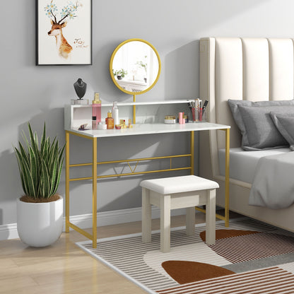 HOMCOM Modern Dressing Table with Round Mirror in White and Golden