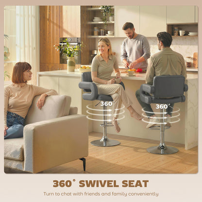 HOMCOM Bar Stools Adjustable Swivel Kitchen Chairs with Backrest Armrest Set of 2 PU Leather Grey