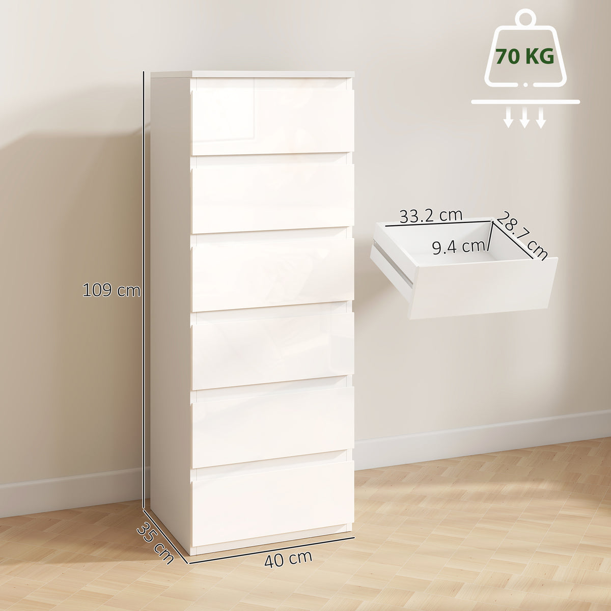 HOMCOM Chest of Drawers High Gloss Finish 6 Drawer Dresser in High-gloss White