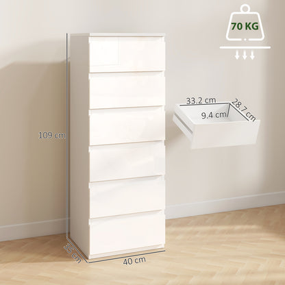 HOMCOM Chest of Drawers High Gloss Finish 6 Drawer Dresser in High-gloss White