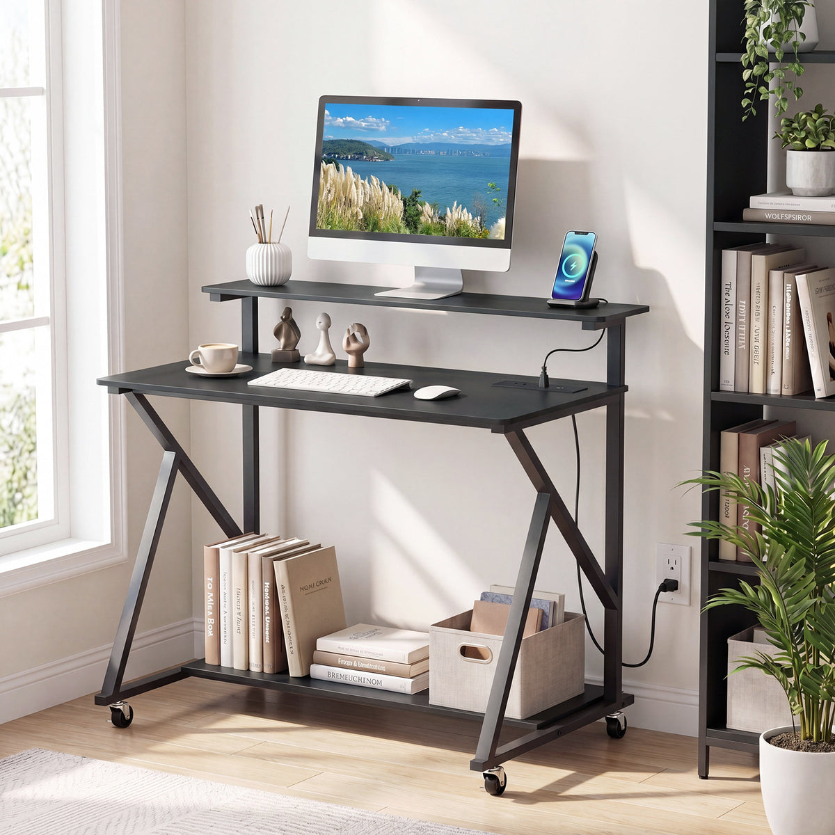 Mobile Computer Desk with Power Outlets Monitor Stand and Storage Shelf-Black