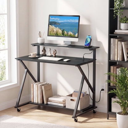 Mobile Computer Desk with Power Outlets Monitor Stand and Storage Shelf-Black