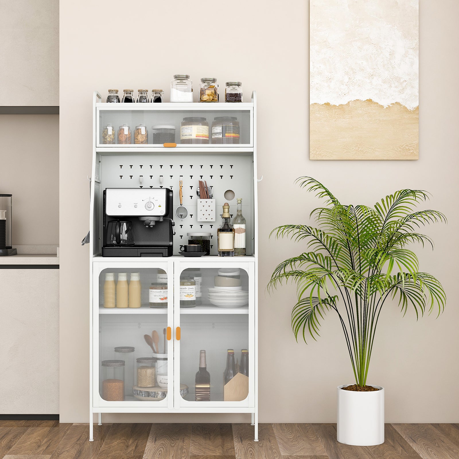 Kitchen Pantry Storage Cabinet Freestanding Baker Rack with Pegboard-White