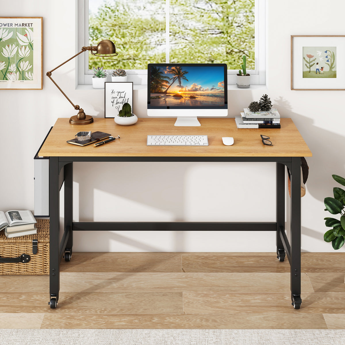 120cm Mobile Computer Desk with Storage Bag and 2 Headphone Hooks-Natural