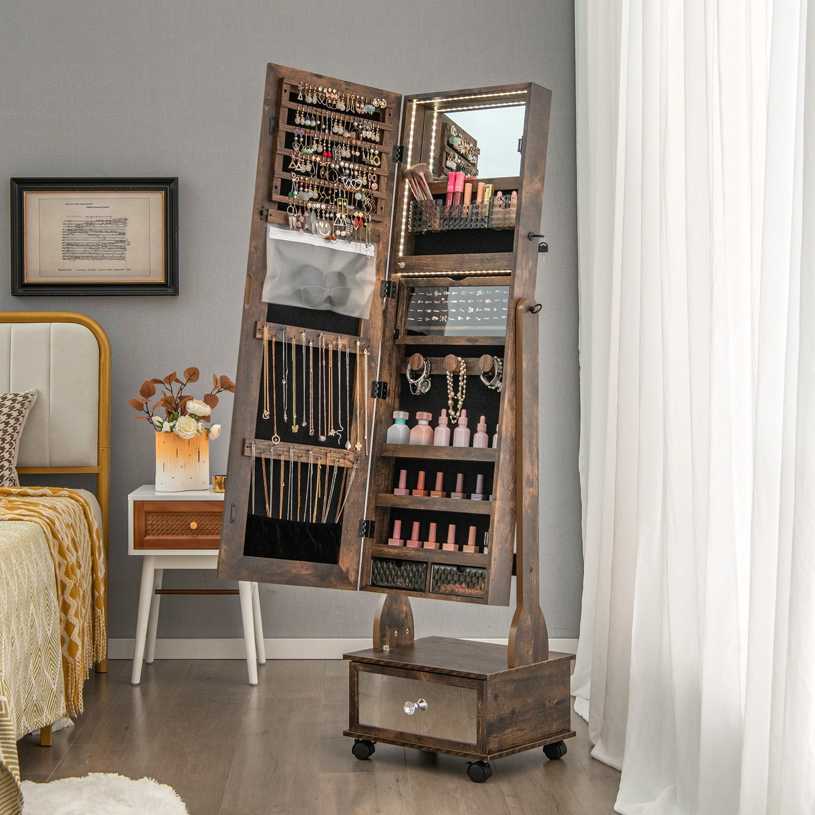 Standing Jewelry Armoire with Full-Length Mirror LED Lights and Drawers-Coffee
