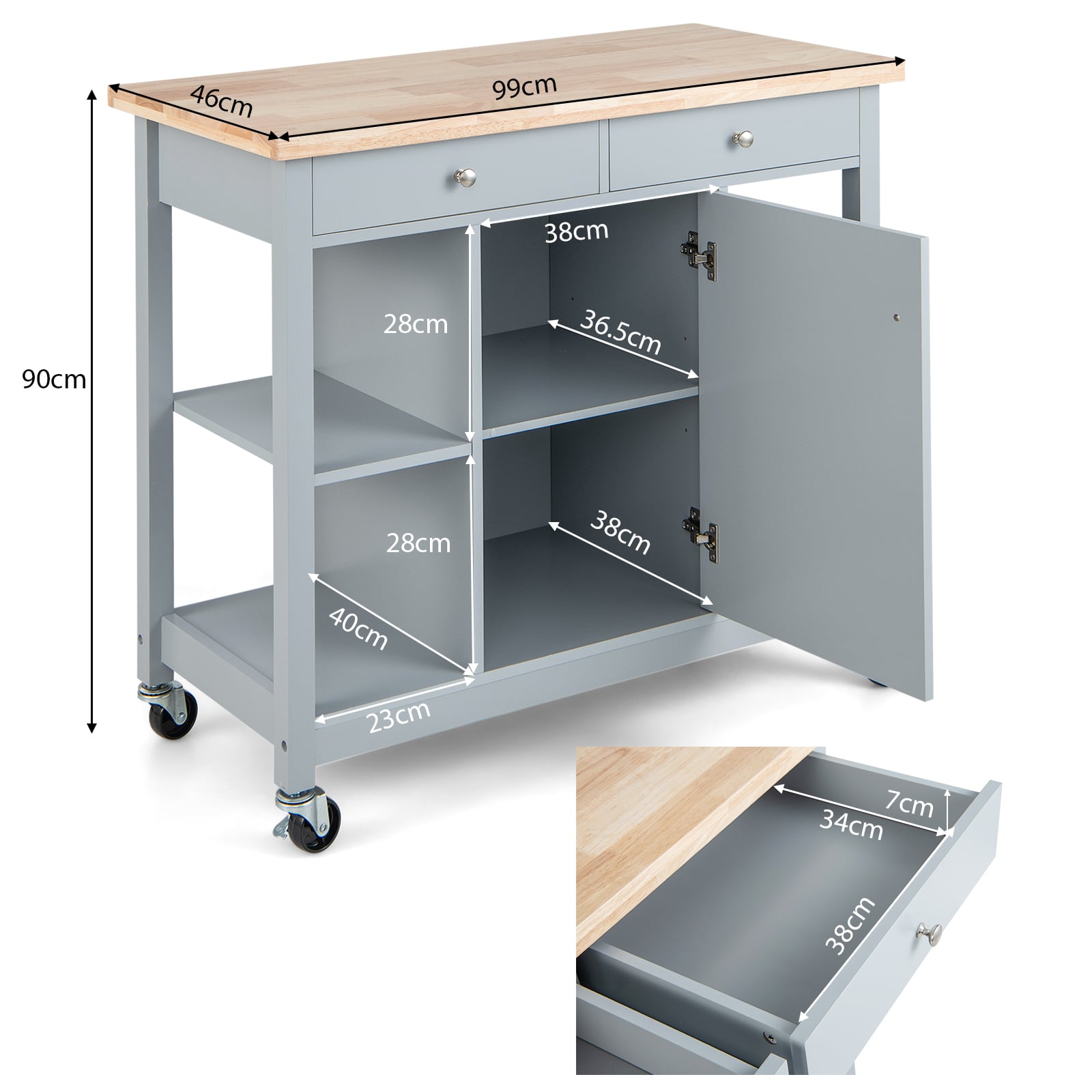Mobile Kitchen Island Cart Rolling Kitchen Island with Rubber Wood Top-Grey