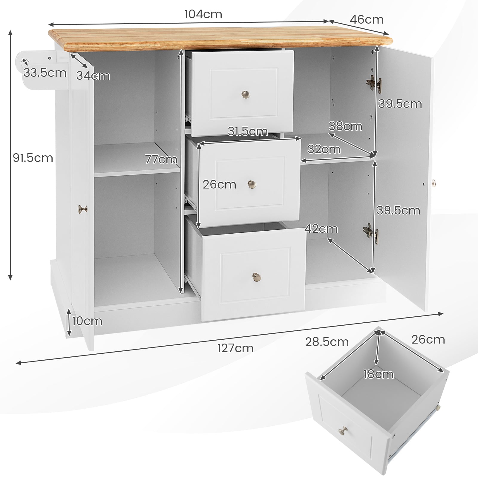 Large Mobile Kitchen Island Cart with Adjustable Shelves-White