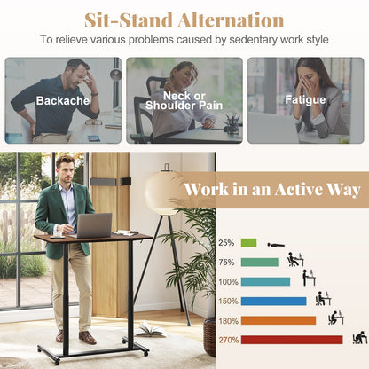 C-Shaped Mobile Standing Desk with Adjustable Height and Lockable Wheels-Brown