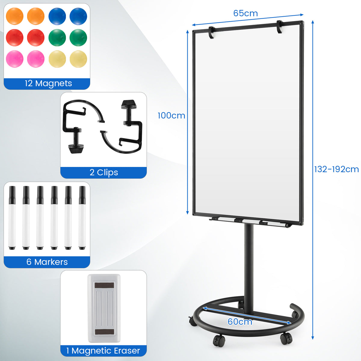 100 cm x 65 cm Height-Adjustable Magnetic Whiteboard on Wheels-Black & White