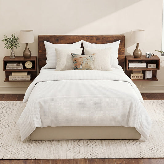 Two rustic brown wood effect floating nightstands shown together