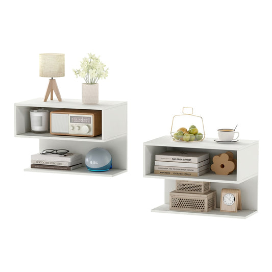 Modern Floating Nightstand showing two units side by side with decorative items on them