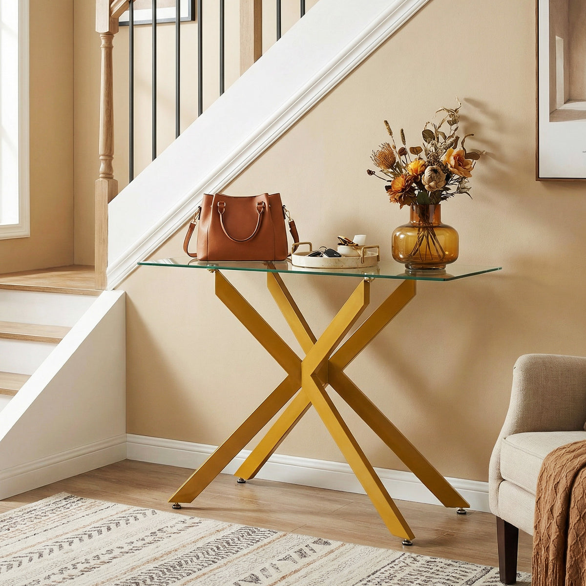 Modern Glass Console Table with Tempered Glass Top and Tubular Legs-Golden